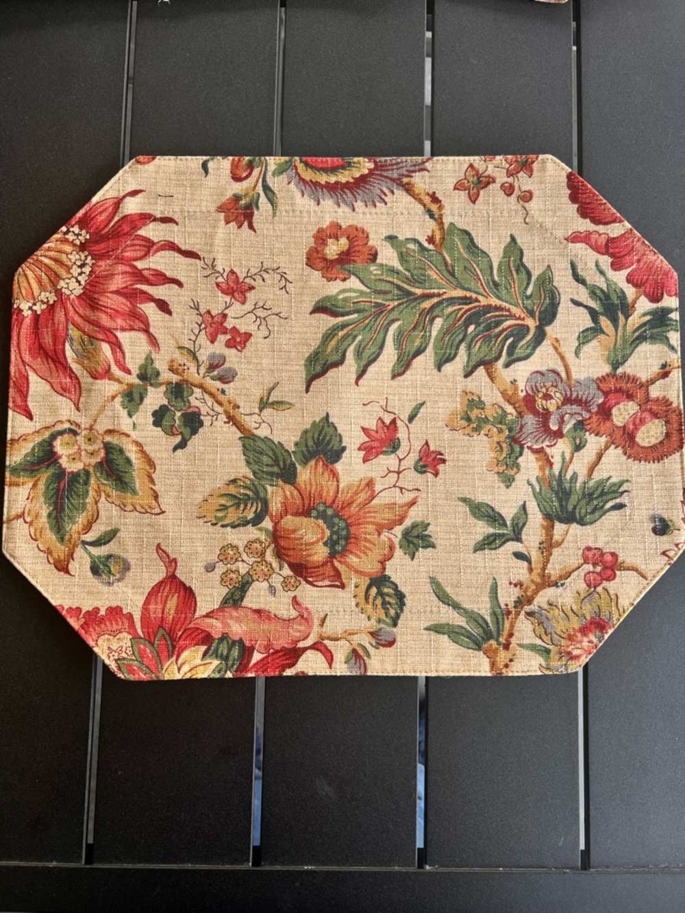 Vintage Floral Linen-Style  Placemat in Red and Green Floral Tan Background